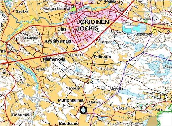 Kartta Jokioisten Härksuon sijainnista.