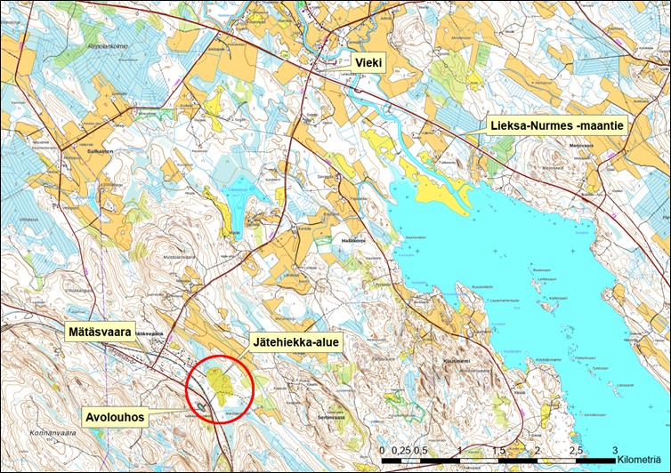 Kuva Mätäsvaaran vanhan kaivoksen sijainnista kartalla.