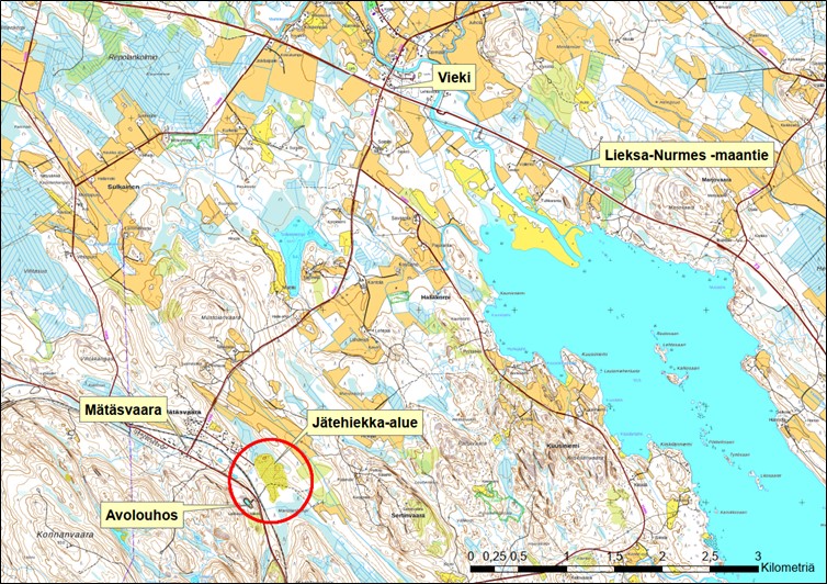 Kuva Mätäsvaaran vanhan kaivoksen sijainnista kartalla.