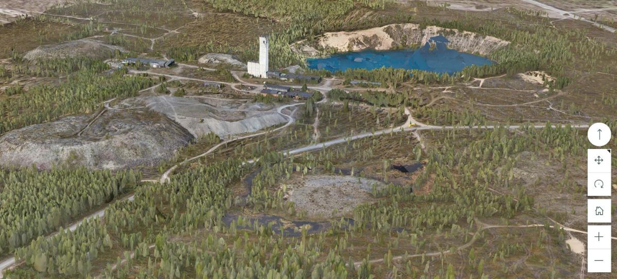 Kuvassa on 3D-kuva Raajärven entisestä kaivosalueesta.