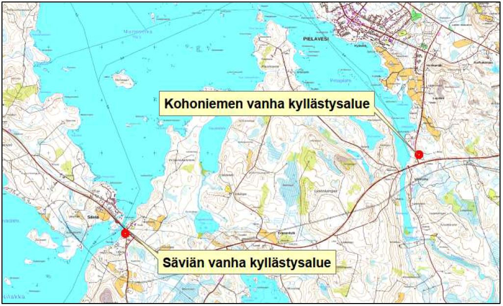 Kuvassa on karttakuva Pielavedellä sijaitsevista kyllästämöalueista.