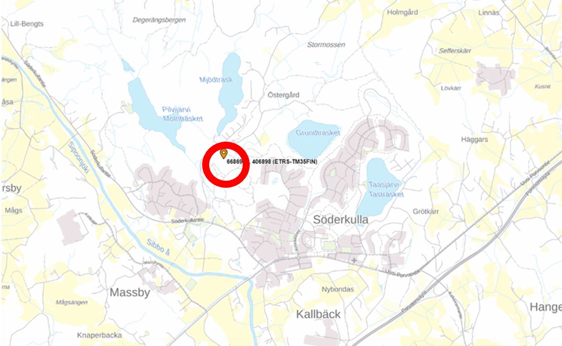 Kuvassa on karttakuva Sipoosta, johon on merkitty Söderkullan vanhan kaatopaikan sijainti.