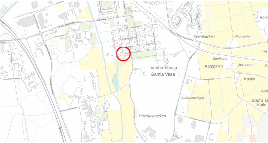 Kuvassa on karttakuva Vaasassa sijaitsevasta entisestä valimon alueesta.