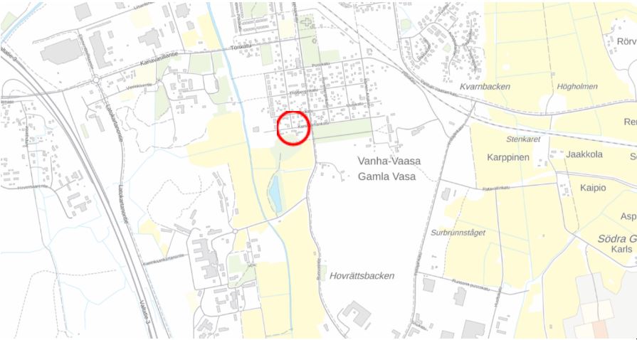 Kuvassa on karttakuva Vaasassa sijaitsevasta entisestä valimon alueesta.