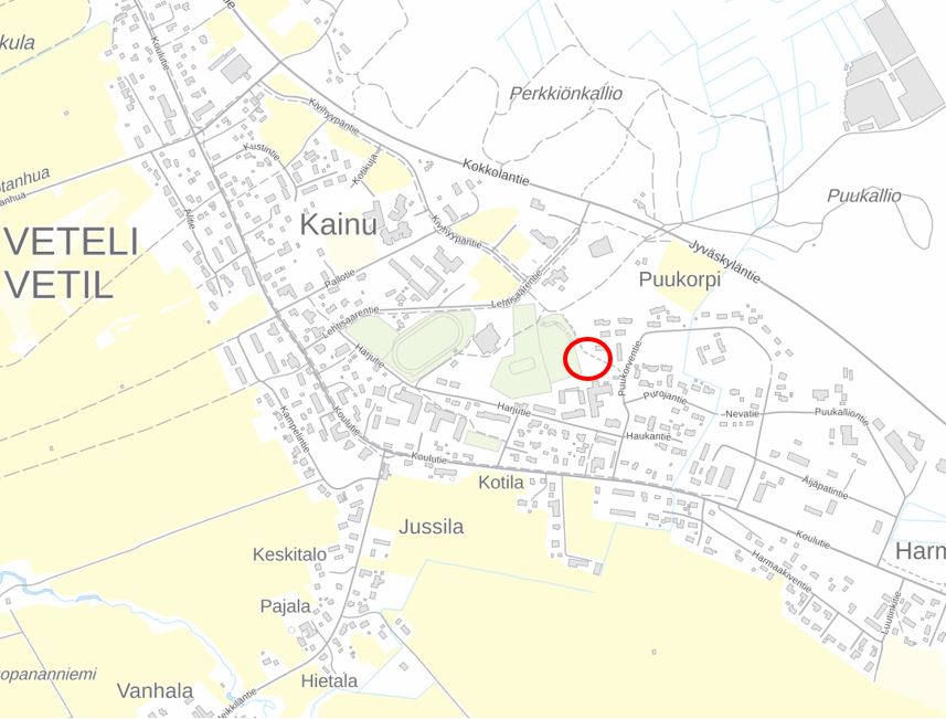 Kuvassa on kartta, johon on merkitty Vetelissä sijaitseva entinen suojeluskunnan ampumarata.