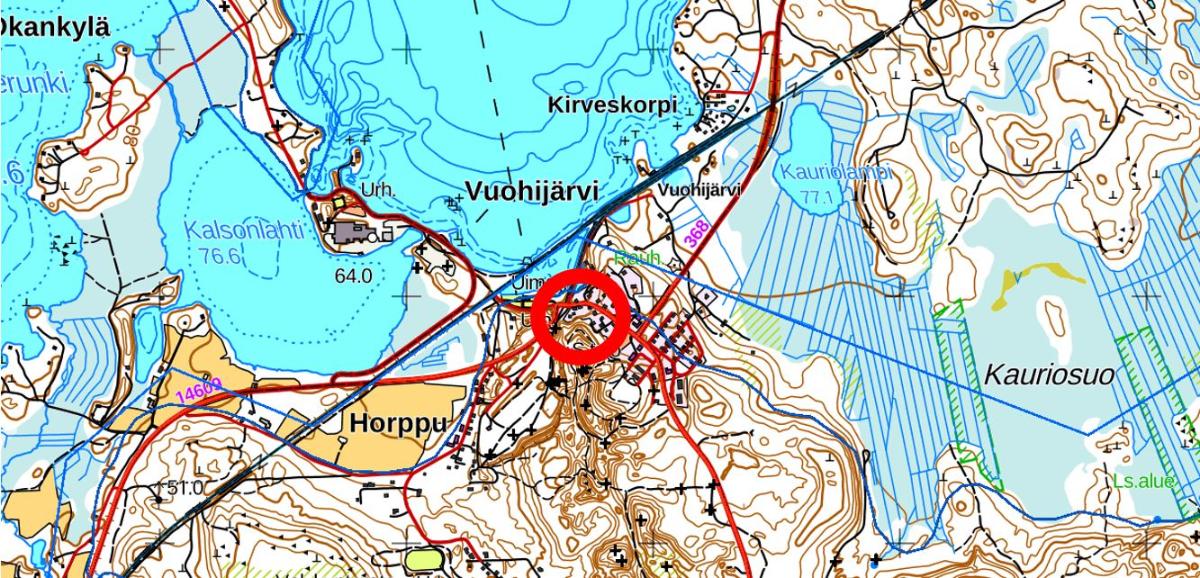 Kuvassa on karttakuva Kouvolassa sijaitsevasta Vuohijärven entisestä polttoaineen jakeluaseman sijainnista..