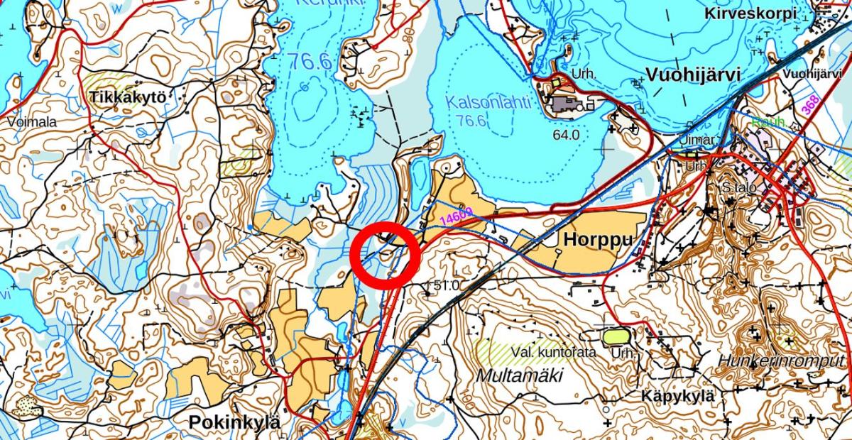 Kuvassa on karttakuva Kouvolassa sijaitsevasta Vuohijärven kaatopaikasta.
