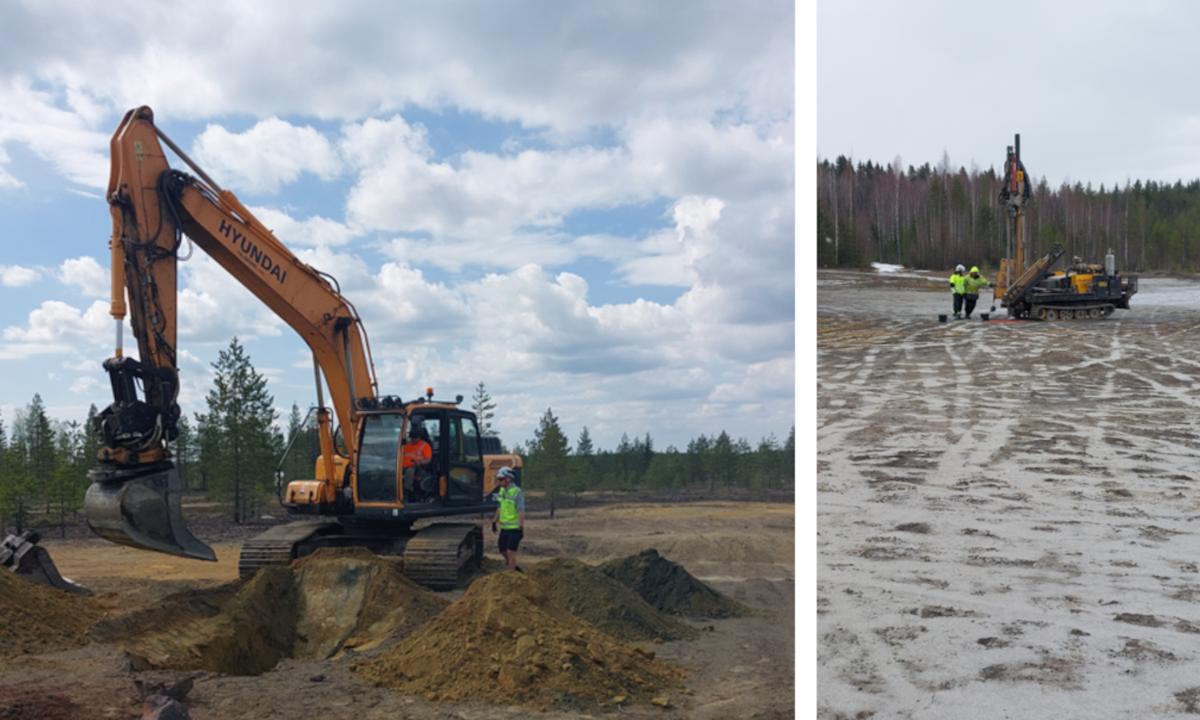 Kuvassa on kaksi kuvaa yhdistettynä. Vasemmassa kuvassa on kaivinkone, joka kaivaa maata. Oikeassa kuvassa on kaksi ihmistä ja työkone.