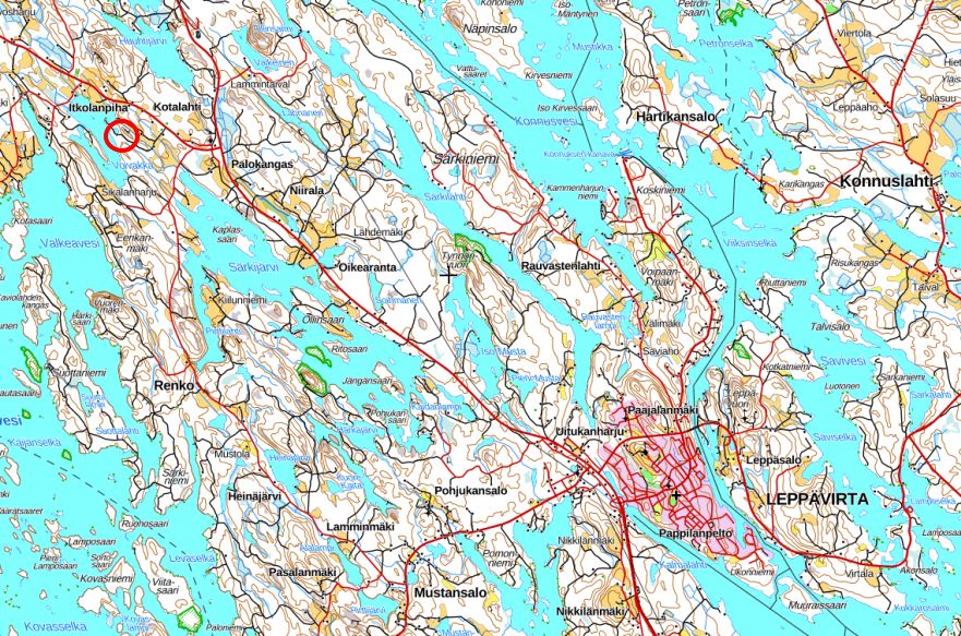 Kuvassa on karttakuva Leppävirran Kotalahden alueesta.