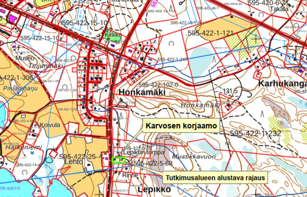 Kuvassa on karttakuva, jossa on Pielaveden vanhan autokorjaamon alue merkittynä.