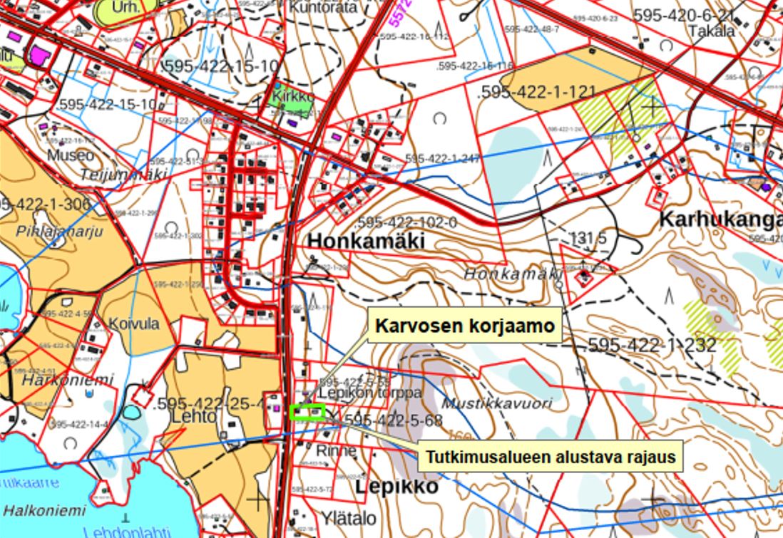 Karttakuvassa on merkitty Pielaveden vanhan korjaamon sijainti.