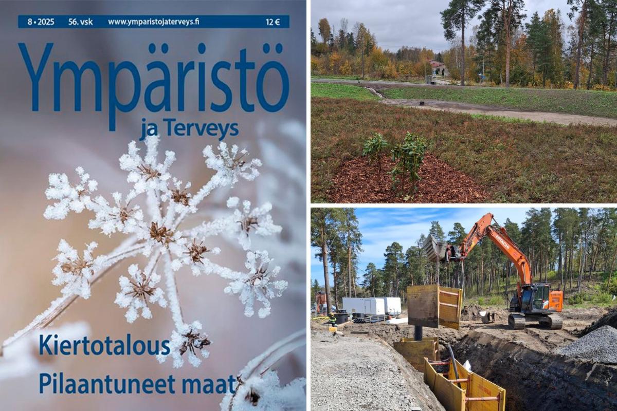 Kuvassa on lehden kansi ja kaksi kuvaa maastosta.