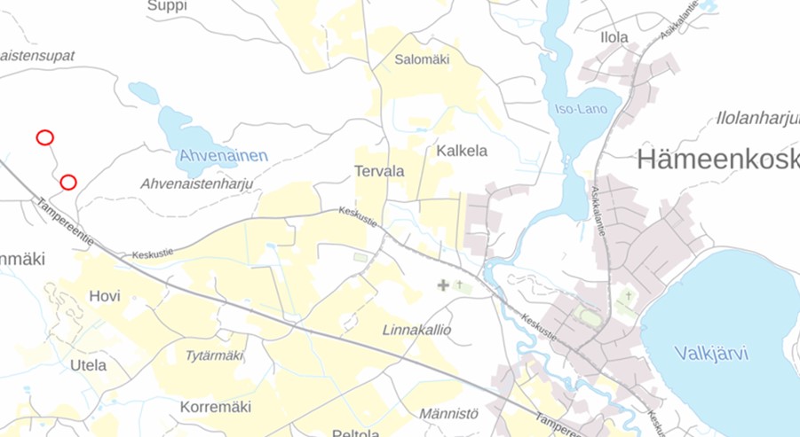 Kuvassa on karttakuva, johon on merkitty kahden kaatopaikan sijainnit.