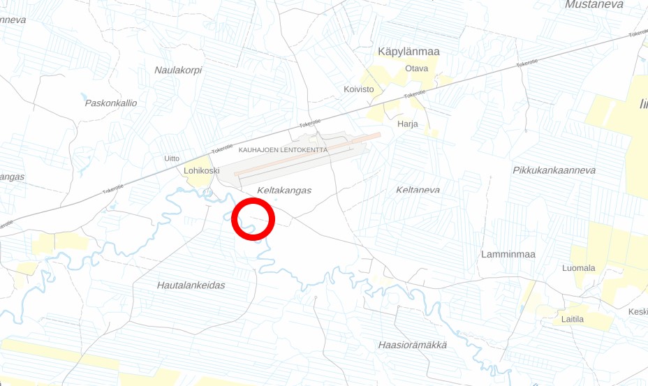 Kuvassa on karttakuva Kauhajoen entisen taimitarhan sijainnista.