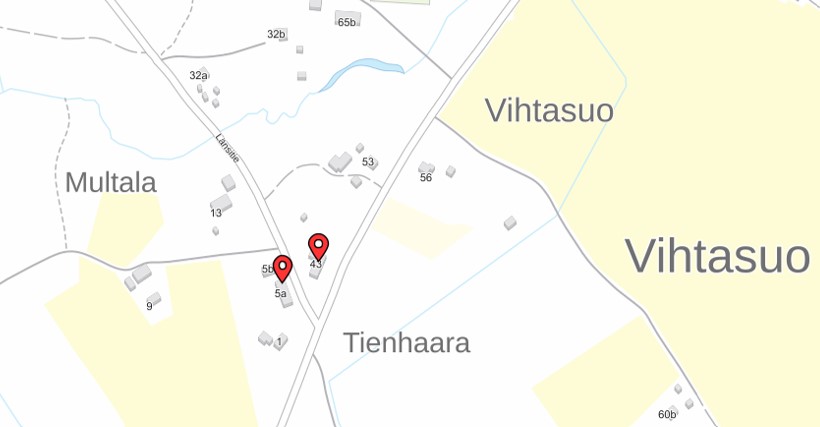 Karttakuvassa on merkitty entisten kyläkauppojen sijainnit Juuassa.