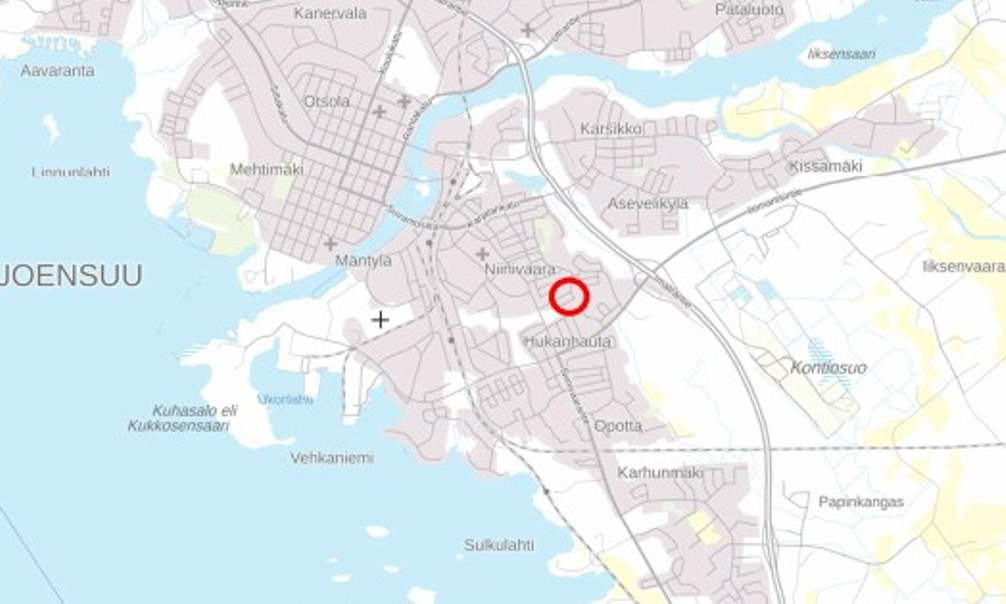Kuvassa on merkitty karttaan Joensuussa sijaitseva maaperän puhdistushanke Hiitolankadulla.