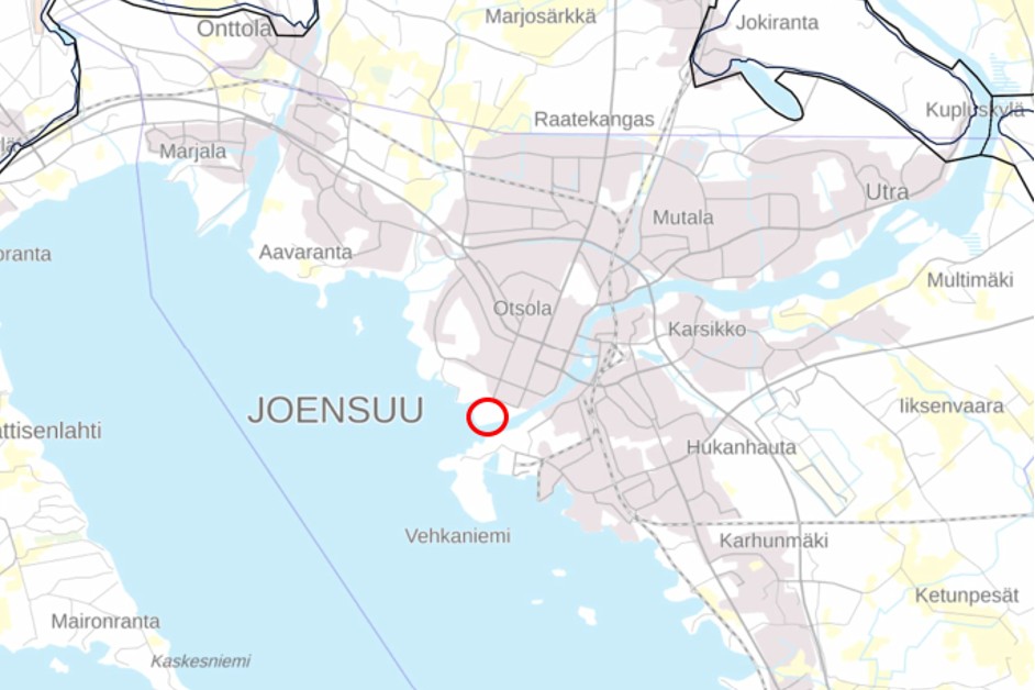 Kuvassa on kartta, johon on merkitty Koivumäen entinen kaatopaikka Joensuussa.