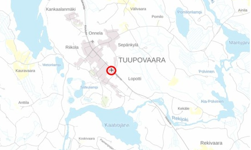 Kuvassa on merkitty kartalle entisen huoltoaseman sijainti Tuupovaarassa Joensuussa.