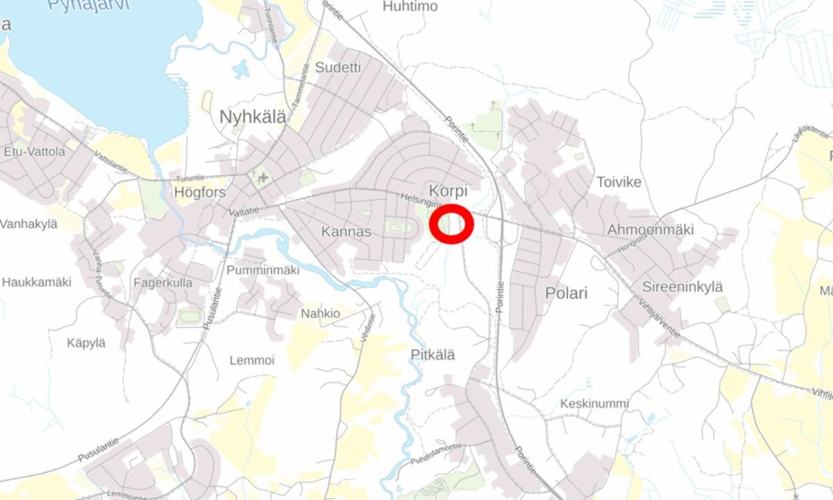 Karttakuvaan on merkitty entisen kaatopaikan alue Karkkilassa.