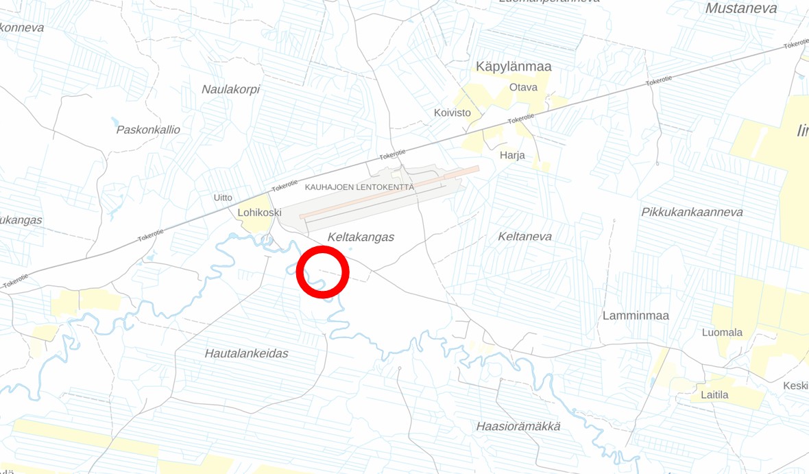 Karttakuvaan on merkitty entisen taimitarhan alue Kauhajoella.