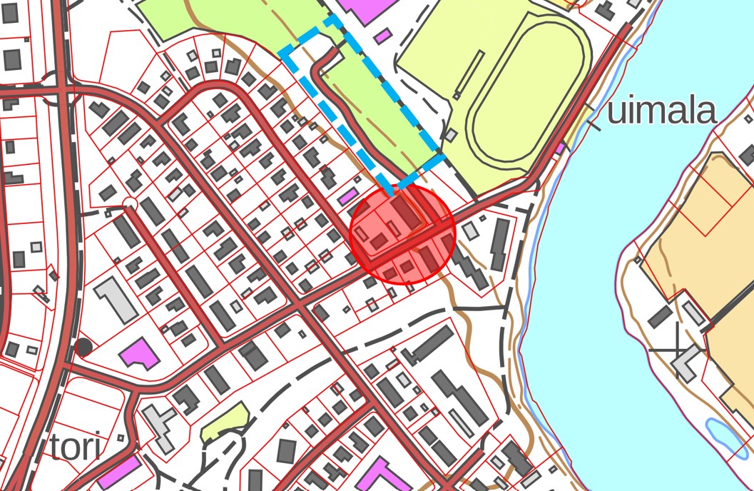 Karttakuvassa on esitetty vanhan varikkoalueen sijainti punaisella ympyrällä ja jatkoselvitysalue sinisellä katkoviivalla.